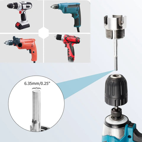 3Pcs PVC Pipe Threader Tool Kit For 1/2 And 3/4 Inch Plastic Pipes With Dual Function Internal External Tapping And Threading Capability Includes Step Drill Bit For Electric Drilling Projects And Diy Plumbing Repairs showcasing compatible drill types and a 6.35mm bit.
