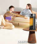 Portable 1500W Indoor Space Heater with Remote on table, warming couple, 15.5 inch tall tower heater, home setting