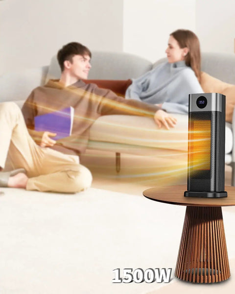 Portable 1500W Indoor Space Heater with Remote on table, warming couple, 15.5 inch tall tower heater, home setting