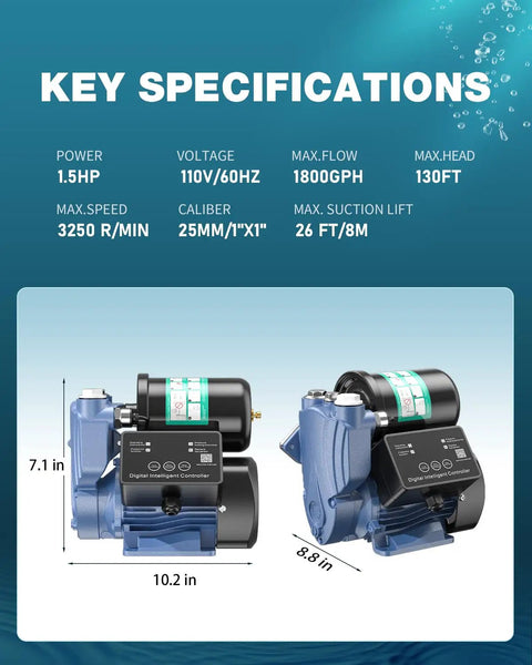 Front and side view of 1.5HP Water Pressure Booster Pump With Digital Pressure Display 110V Stainless Steel Auto Start Stop System