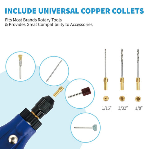 652-Piece All-In-One Rotary Tool Accessory Kit Dremel Compatible For Grinding Sanding Cutting Drilling Cleaning Polishing And Carving With Silicon Carbide And Aluminum Oxide Wheels Diamond Grinding Bits HSS Drills Wire Brushes Wool Polishing Wheels, copper collets 1/16 3/32 1/8