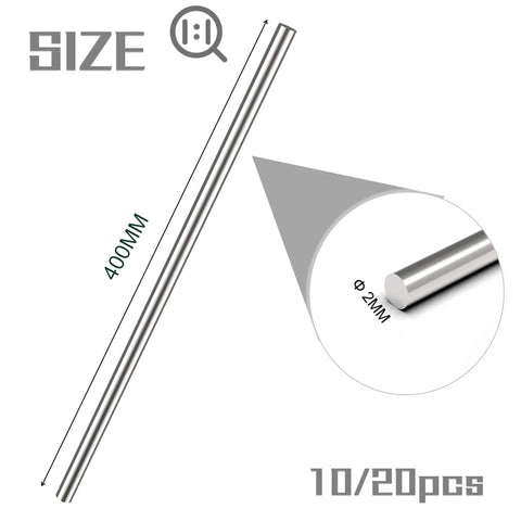 Image showing a 2mm by 400mm measurement of a 304 stainless steel round rod, part of a twenty piece pack for DIY projects and crafting.