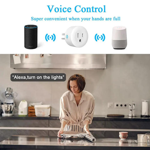 Woman using Zigbee Smart Outlet Plug Twin Pack Plays Nice With ST Hub Echo Plus Alexa And Google Assistant in kitchen