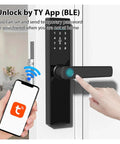 Premium Wireless Smart Door Lock Featuring Biometric Finger Scan And Numeric Keypad Interface Enabling Decoy Code Defense To Block Snoops Plus Instant Grip Activated Handling For Breezy Daily Grind Access, showing app unlocking feature.