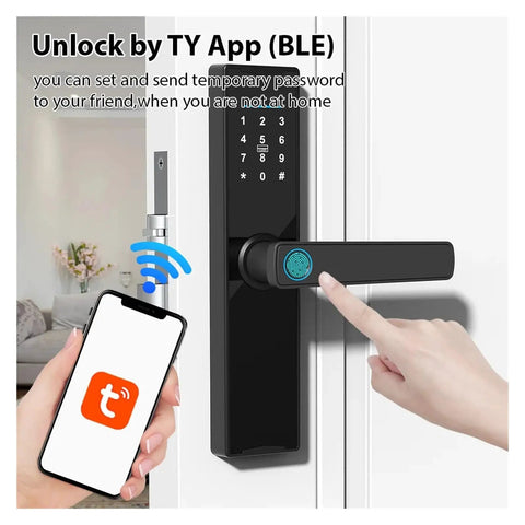 Premium Wireless Smart Door Lock Featuring Biometric Finger Scan And Numeric Keypad Interface Enabling Decoy Code Defense To Block Snoops Plus Instant Grip Activated Handling For Breezy Daily Grind Access, showing app unlocking feature.