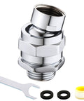 Beefy Heavy Duty Shower Head Swivel Ball Adapter With Solid Brass Construction, Chrome Polished Finish, Adjustable Shower Arm Connector, 360 Degree Rotation, 40 Degree Per Side Tilt, Universal Shower Arm Extension For Flexible Modern Bathrooms. Chrome brass swivel adapter with wrench, washers, and tape