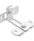 Dang Tough White Flip Barn Door Locks Corrosion Resistant Heavy Duty 90 Degree Slide Bolt Latch close-up view for sliding closet doors.