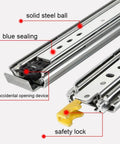Close-up of Heavy Duty Drawer Slides With Lock And Full Extension Eighty Inch Three Section Ball Bearing Tracks, showing components.