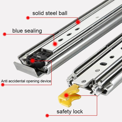 Heavy Duty Three Fold Full Extension Drawer Slides Featuring Ball Bearing Hardware Rails with solid steel ball, safety lock, and blue sealing.