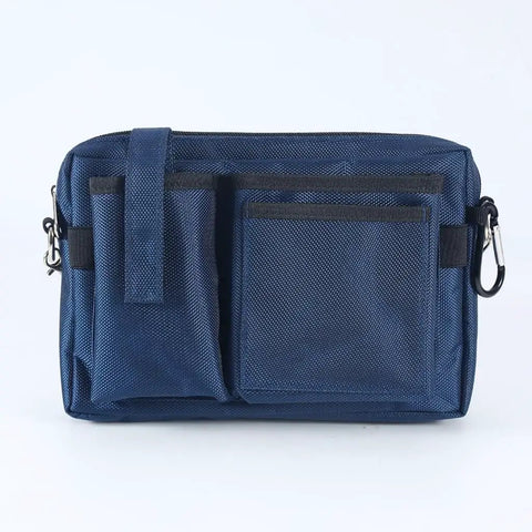 Heavy Duty Utility Waist Pack With Modular Tool Dividers And Waterproof Zippers For Job Site Hustlers Seeking Kick Ass Storage For Drill Bits Pliers And Pro Gear Built Tough As Nails Every Single Shift in navy blue with multiple pockets.