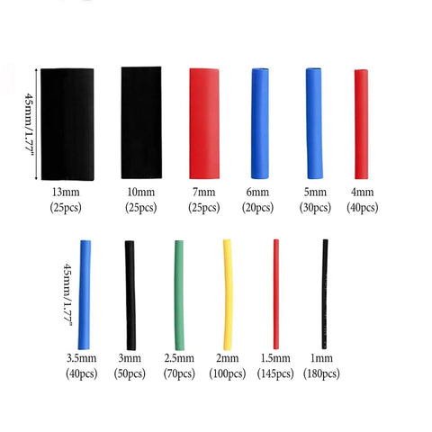 All In One 750 Piece Heat Shrink Tubing Kit With 12 Color Coded Sizes, 45mm length, various diameter tubes displayed