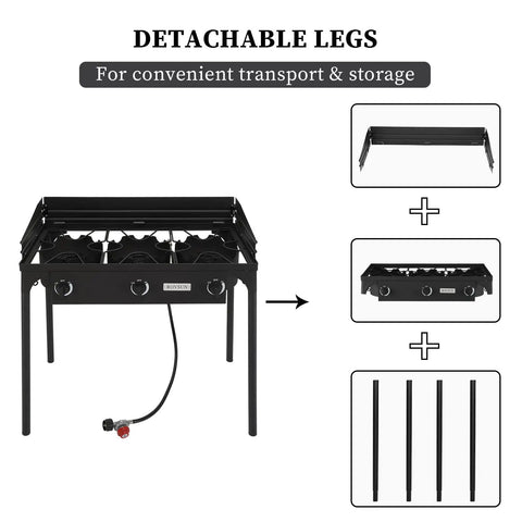 Three-Burner Outdoor Propane Stove With Detachable Stand And Windscreen showing detachable legs and assembled view.
