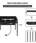 Three Burner Outdoor Propane Gas Stove With Wind Panel Carrying Bag And Regulator 225000 BTU Stand Cooker shown with detachable legs