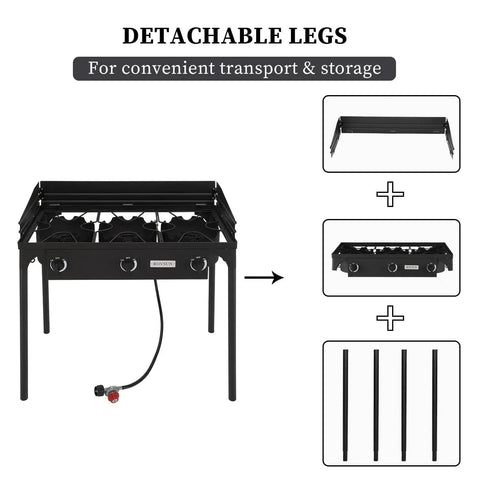 Three Burner Outdoor Propane Gas Stove With Wind Panel Carrying Bag And Regulator 225000 BTU Stand Cooker shown with detachable legs