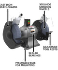 Beefy 12 Inch Industrial Bench Grinder With A Serious 2 HP Motor Spinning At 1800 RPM with dual 36 and 60 grit vitrified wheels.