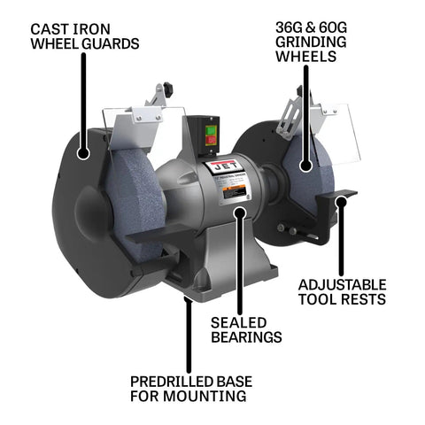 Beefy 12 Inch Industrial Bench Grinder With A Serious 2 HP Motor Spinning At 1800 RPM with dual 36 and 60 grit vitrified wheels.