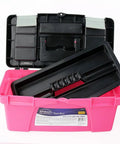 Three Piece Stackable Tool Box Set With Top Compartments And Removable Trays For Crafts And Tool Storage In Pink Ribbon