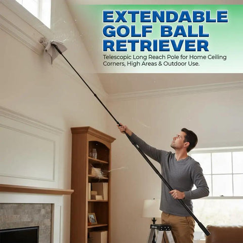 Person using extendable pole indoors labeled as Telescoping Golf Ball Retriever With Fifteen Foot Reach Lightweight Aluminum Shaft For Water Hazards Easy Bag Storage Quick Ball Pickup Grab Balls In Style With This Pro Grade Golf Accessory
