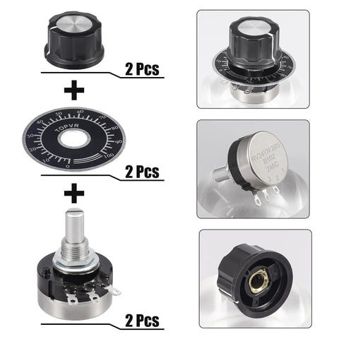 RV24YN20S B102 1K Potentiometer 1000 Ohm Single Turn Rotary Film Carbon Potentiometer With 2 Knobs And 2 Dials Pack Of Six For Electronics Projects And DIY Builds components displayed