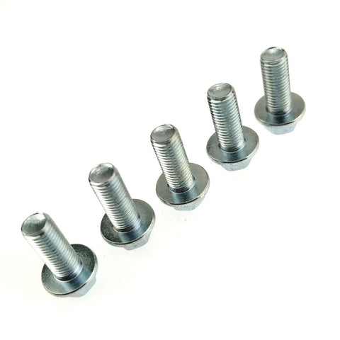 Hardcore 3/4 Inch Go Kart Clutch Bolt Kit For Predator Engines And Minibike With Lock Washers Straight Swap Fit For 10 Or 12 Teeth Engines 5 Piece Set screws shown in a row.