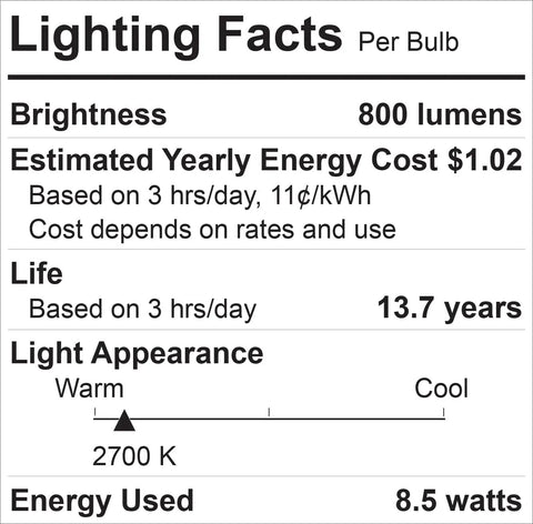 Lighting facts label for Relax 8 Pack 60 Watt Equivalent Dimmable Soft White A19 LED Light Bulbs, 800 lumens, 2700K, 13.7 years lifespan.