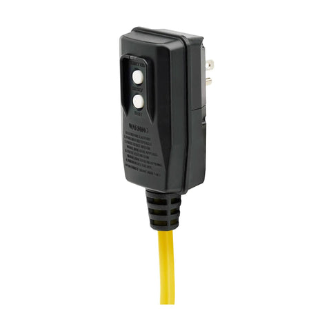 Garage-Grade Heavy-Duty Power Strip With GFCI, close-up of black plug with yellow cord