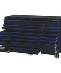 Heavy Duty Rolling Tool Cabinet Featuring Nineteen Spacious Drawers With Full Extension Slides built with a black steel frame.