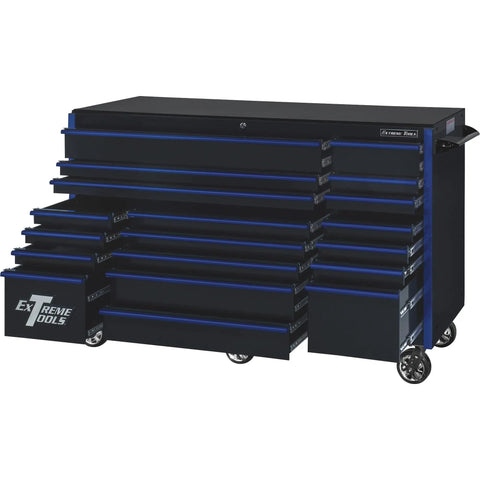 Heavy Duty Rolling Tool Cabinet Featuring Nineteen Spacious Drawers With Full Extension Slides built with a black steel frame.