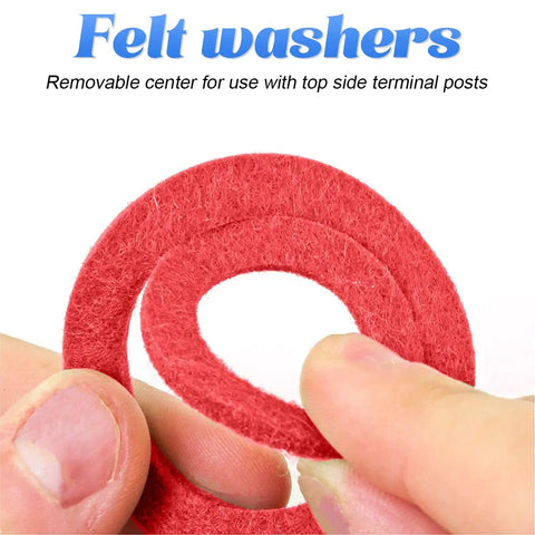 Hella Tough Positive Battery Terminal Connectors featuring heavy duty fiber gasket seals, red felt washers for automotive use.