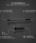 Black carbon steel self-tapping screws for PC case build, assorted lengths, showing self-tapping design and stealth black finish.