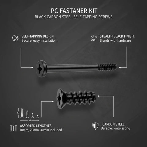 Black carbon steel self-tapping screws for PC case build, assorted lengths, showing self-tapping design and stealth black finish.