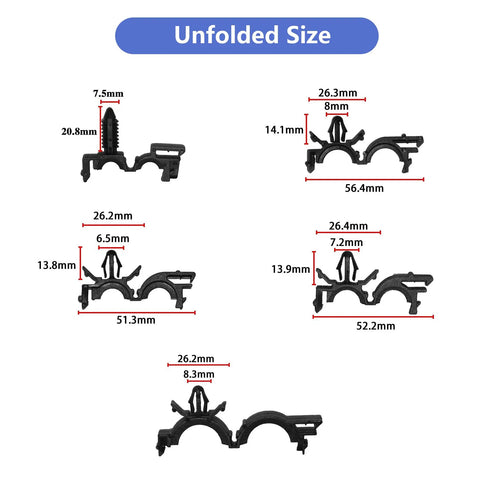 Gearhead Approved 150 Piece Wire Loom Clips Kit For Car Harness Routing showing dimensions and design of nylon clips