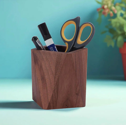 Black Walnut Wood Pen Holder For Desk with pens and scissors, sleek modern pencil cup organizer for office supplies on a desk