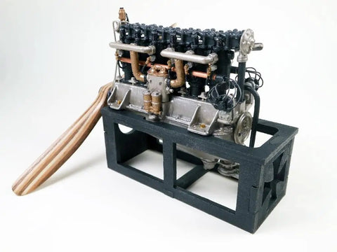 DIII Inline Engine Model Kit 1 To 16 Scale For WWI Aircraft With Metal And Wood Construction Laser Cut Basswood Parts Red Baron Historic Replica Totally Fun To Build displayed on stand