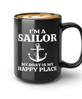 Sailor Coffee Mug 15oz Black with 'I'm a Sailor My Boat is My Happy Place' text, nautical anchor design
