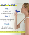 Woman using Three In One Breathing Trainer For Lung Expansion Mucus Relief And Breathing Rehab, showing easy use steps.