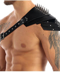 Medieval Shoulder Armor Harness With Rivet Guards For Cosplay on male model, PU leather pauldron set, side view