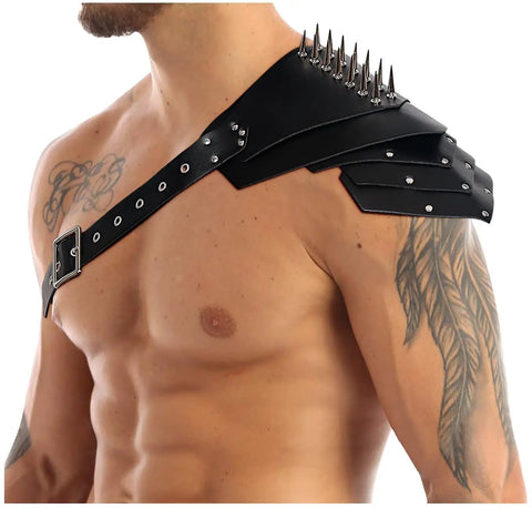 Medieval Shoulder Armor Harness With Rivet Guards For Cosplay on male model, PU leather pauldron set, side view