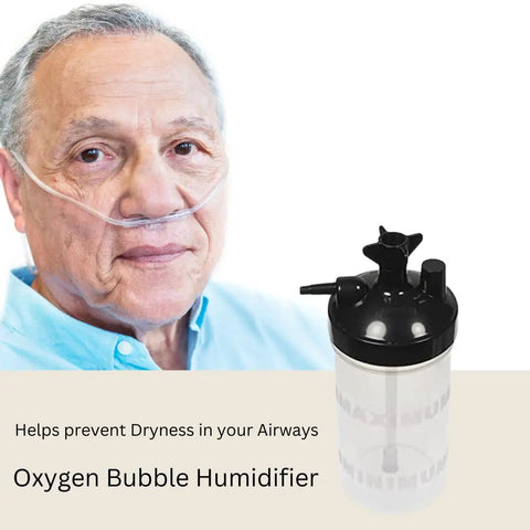 Leak Proof Oxygen Bubble Humidifier Bottle With Multi Thread Lid And 500 Ml Translucent Jar next to man using oxygen therapy