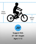Silhouette of a child on a bike with text showing rider height and wheel size for Kids Mountain Bike 20 Inch With 7 Speed Drivetrain.