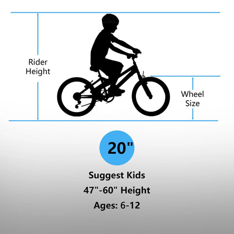 Silhouette of a child on a bike with text showing rider height and wheel size for Kids Mountain Bike 20 Inch With 7 Speed Drivetrain.