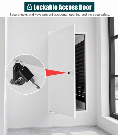 Lockable access door showing key lock mechanism for Heavy Duty Steel Drywall Access Door And Lockable Maintenance Hatch For Attic Kitchen Or Bathroom Wall Featuring Secure Key Combo And Hassle Free Install Setup 28 By 54 Inches.
