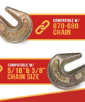 Close-up of metal hooks compatible with G70-G80 chains and 5/16" to 3/8" chain size for Hi Viz Green Beefy Heavy Duty Folding Handle Ratchet Load Binder.