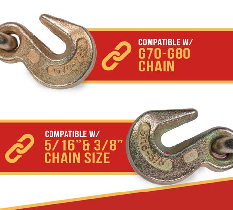 Close-up of metal hooks compatible with G70-G80 chains and 5/16" to 3/8" chain size for Hi Viz Green Beefy Heavy Duty Folding Handle Ratchet Load Binder.