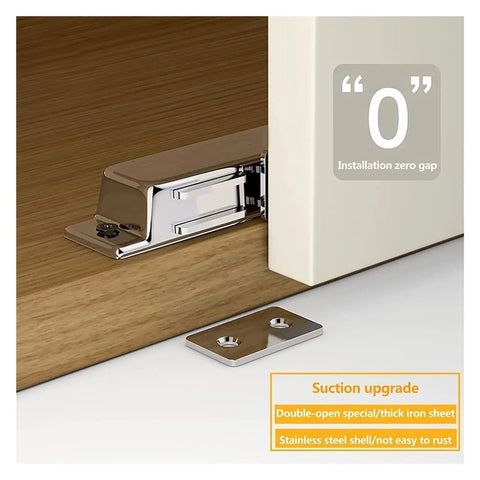 Push To Open Magnetic Cabinet Catches Two Pack Stainless Steel Heavy Duty Drawer Latches installed on wooden cabinet door