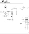 Diagram of Legacy 8 Inch To 16 Inch Widespread Lavatory Faucet With Pop Up Drain in polished chrome and brass finish