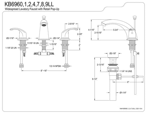 Diagram of Legacy 8 Inch To 16 Inch Widespread Lavatory Faucet With Pop Up Drain in polished chrome and brass finish