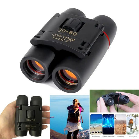 Compact 10x Magnification Folding Binoculars With Wide View For Bird Watching, Low Light Night Vision, Totally Great For Camping, Hiking, Traveling And Outdoor Adventures, black foldable 30x60 binoculars