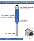 Killer 4Piece Flush Trim Router Bits Set Featuring Rock Solid Carbide Cutters And Dual Ball Bearing Guides That Craft Smoother Than Butter Edges And Flawless Flush Cuts Daily, 1/4 inch straight router bit with double bearings.