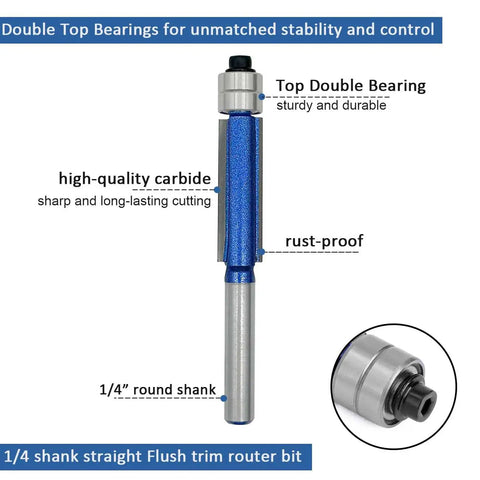 Killer 4Piece Flush Trim Router Bits Set Featuring Rock Solid Carbide Cutters And Dual Ball Bearing Guides That Craft Smoother Than Butter Edges And Flawless Flush Cuts Daily, 1/4 inch straight router bit with double bearings.